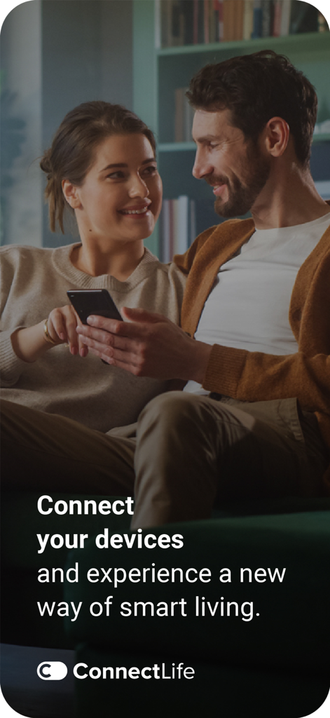 A couple using the ConnectLife app on a smartphone to manage their smart home.