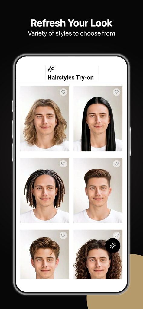 Men's Hairstyles - Face Guide - さまざまな男性のヘアスタイルと質感を持つヘアスタイル試着機能を表示するスマートフォンの画面