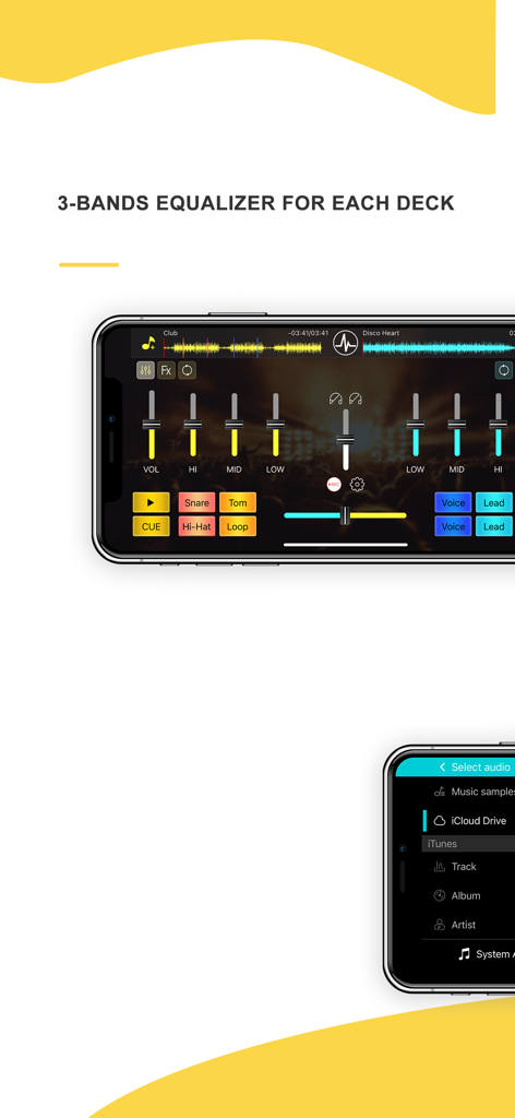 Smartphone screen displaying DJ Mixer Studio app with 3-band equalizer and crossfader controls