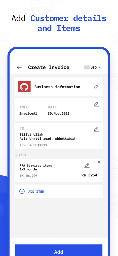 InvoiceBilling | Receipt Maker - Mobile interface of the InvoiceBilling app showing the create invoice screen with fields for business information customer details and billing items