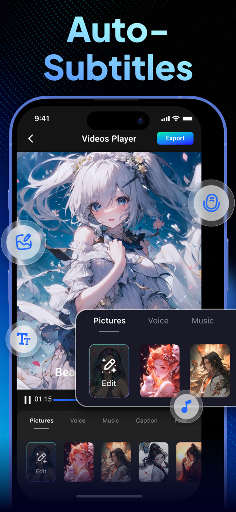 AI Video Generator - Vizmo AI - Vizmo AI app interface showing the auto-subtitles feature and anime style video editing for content creators