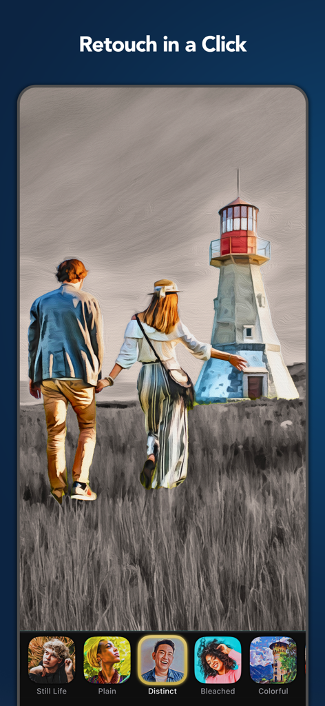 Oilbrush: Oil Painting Effects - Una pareja caminando hacia un faro con un efecto de pintura al óleo profesional aplicado utilizando la herramienta de retoque de la aplicación Oilbrush