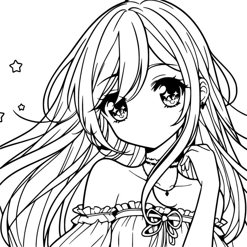 beautiful anime girl with long hair, very pretty eyes like star