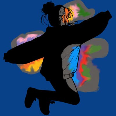 realistic girl jumping with a bun and oversized sweatshirt