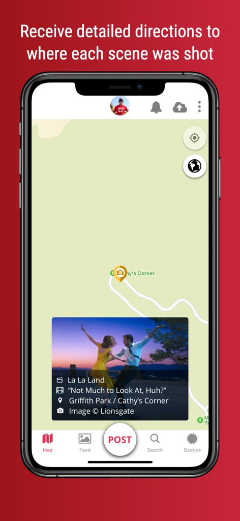 SetJetters: Movie Locations - SetJetters app interface showing a map with the filming location of a scene from La La Land at Griffith Park