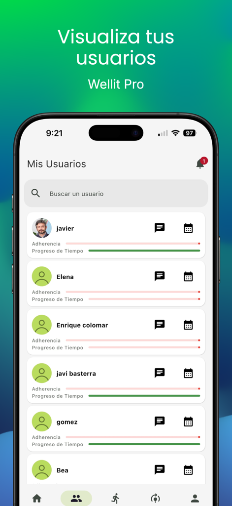 Wellit - Wellit Pro mobile app interface showing a list of users with progress and adherence tracking bars.