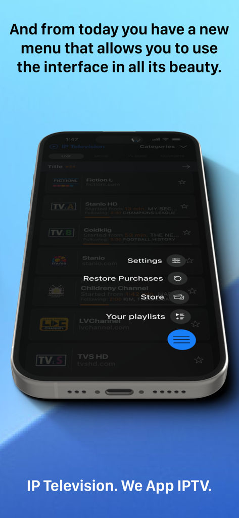 Aplicación IP Television en iPhone con un menú flotante que incluye configuraciones y listas de reproducción.