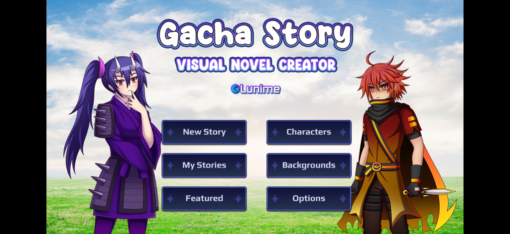 Gacha Story - VN Creator - Main menu screen of the Gacha Story app featuring anime characters and navigation buttons
