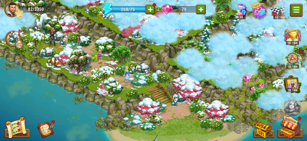 Ocean Whispers: Casual Game - Captura de pantalla del juego de Susurros del Océano mostrando personajes explorando una colorida isla de fantasía junto al mar