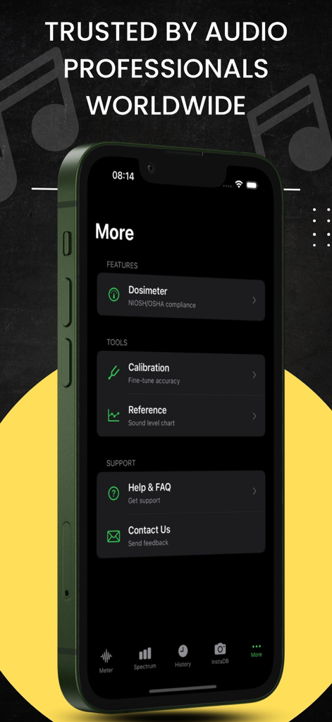 Decibel X PRO app interface showing the tools menu with options for calibration and OSHA compliant dosimeter.