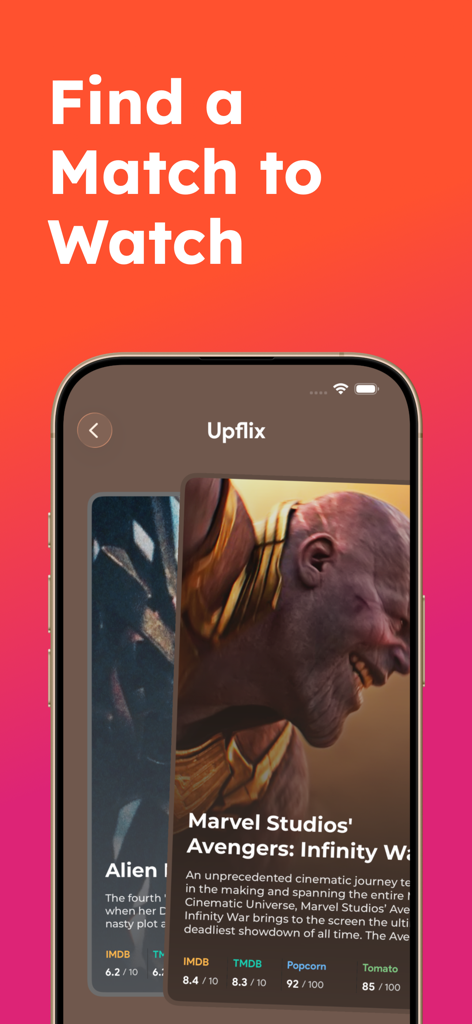 Upflix app screen showing movie discovery cards with ratings from IMDB and Rotten Tomatoes