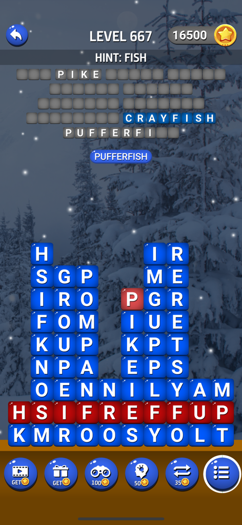 Word Streak: Play Daily Puzzle - Ein Wortsuchrätsel Level in der Word Streak App mit fischbezogenen Wörtern und einem verschneiten Winterhintergrund.