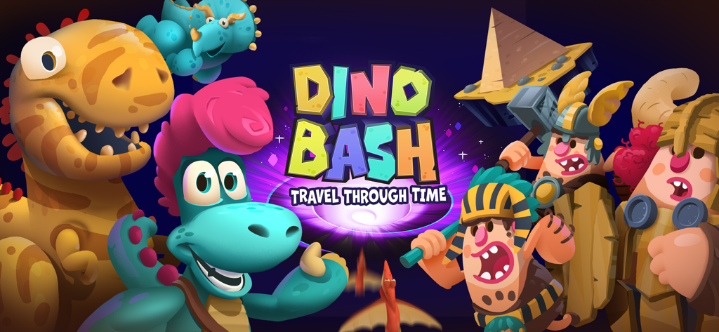 Dino Bash: Travel Through Time - Dino Bash Travel Through Time promotional artwork featuring colorful dinosaurs and time-traveling cavemen.