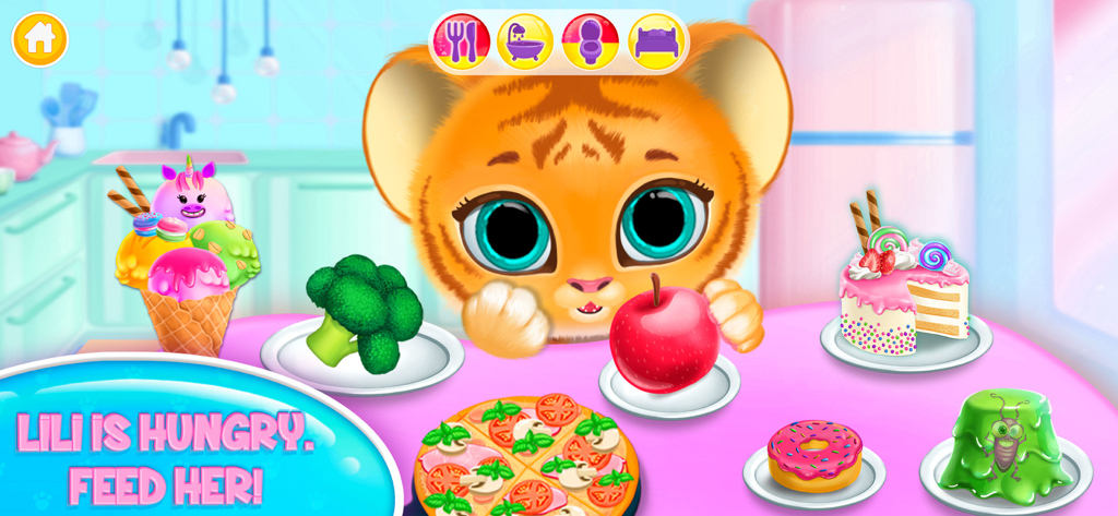 Baby tiger Lili sitting at a table ready to be fed various foods like pizza and cake