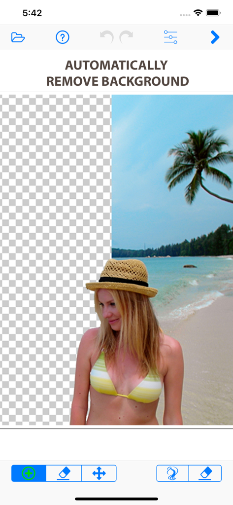 PhotoScissors - A mobile app interface demonstrating automatic background removal from a photo of a woman on a beach