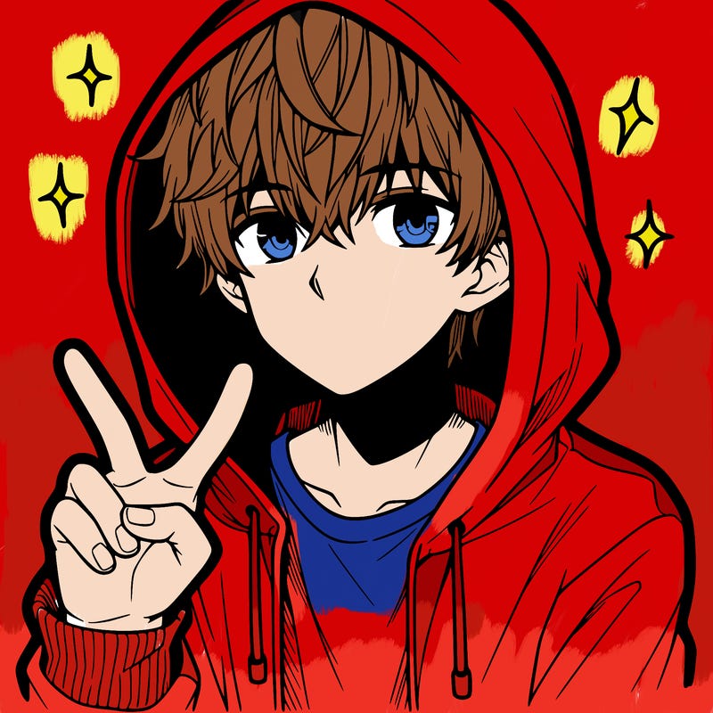 teenage manga boy in a hoodie, doing ✌