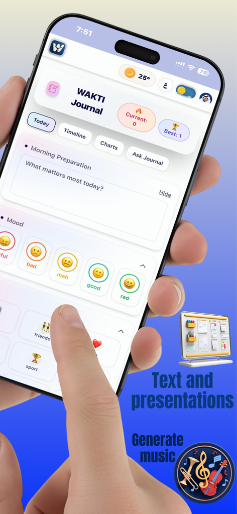 Wakti AI - A person using the Wakti AI mobile app journal interface featuring morning preparation prompts and mood tracking emojis.