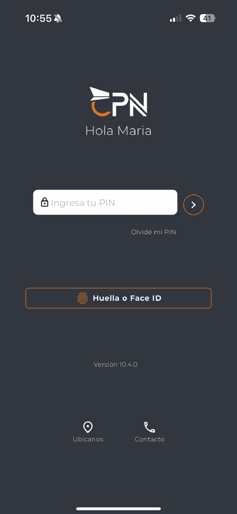 CPN Móvil - Secure login screen of the CPN Movil app showing PIN input and biometric authentication options