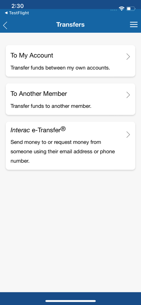 Your Credit Union Mobile App - Transfers screen of the Your Credit Union mobile app showing options for internal transfers and Interac e-Transfers