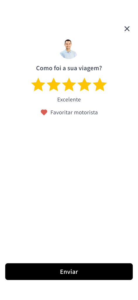 Urbano Norte - Uma captura de tela da tela de avaliação de viagem do Urbano Norte com cinco estrelas selecionadas e uma opção de motorista favorito.