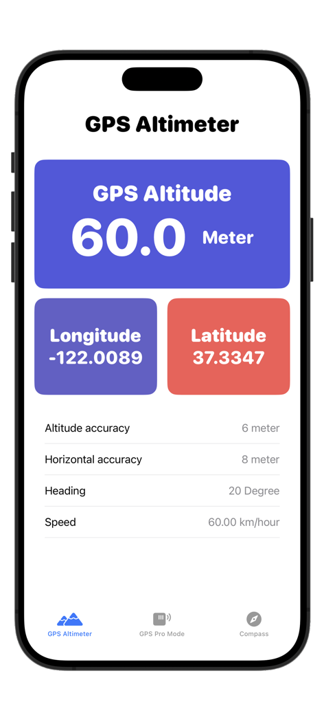 GPS 高度计 - GPS Altimeter app interface showing current altitude longitude and latitude in a high contrast design