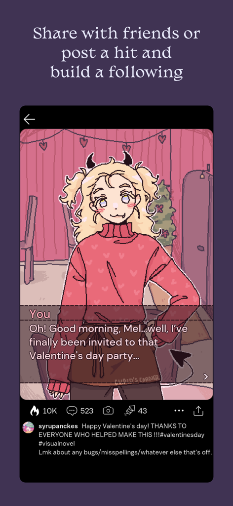 A user-created visual novel scene in the Castle app featuring a blonde anime-style character in a cafe setting with social media interactions like likes and comments.