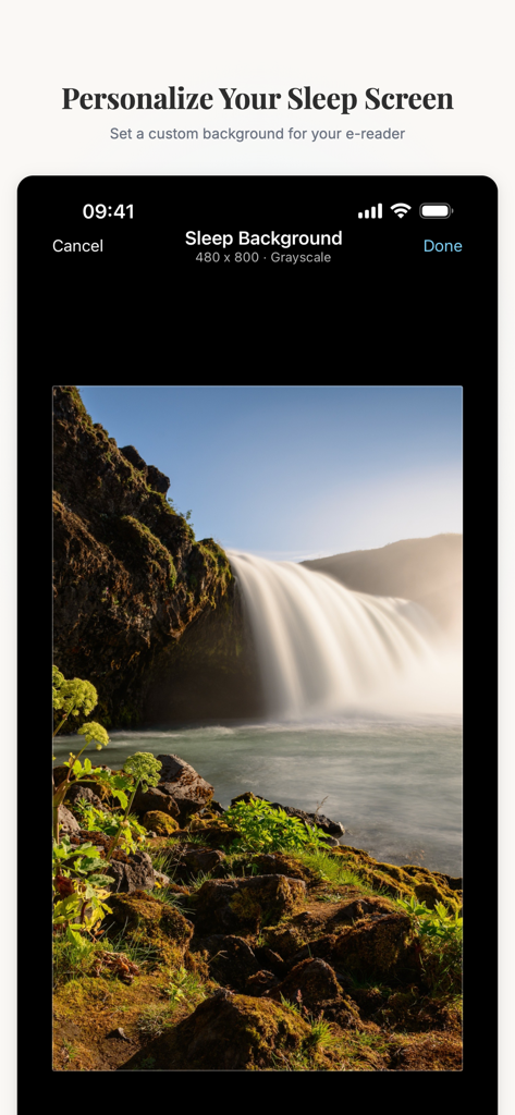 CrossPoint Sync - Interface for setting a custom waterfall background image as an e-reader sleep screen in the CrossPoint Sync app