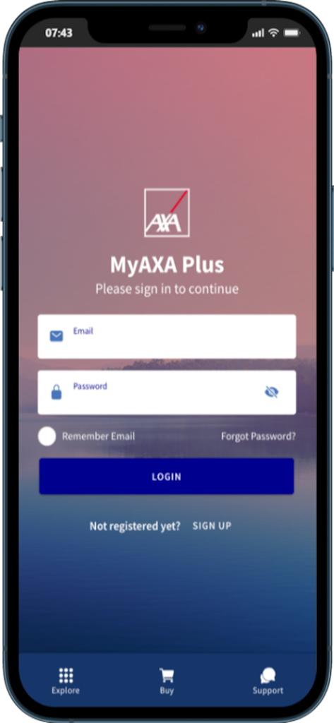 Pagina di accesso dell'app MyAXA Plus che mostra i campi per email e password