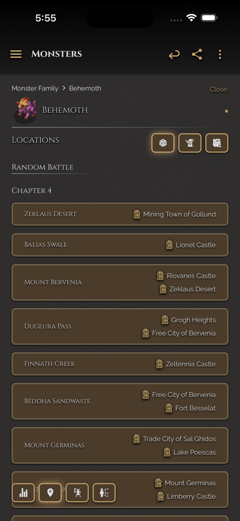 FFT Companion - A screenshot of the FFT Companion app showing random battle locations for the Behemoth monster in Chapter 4.