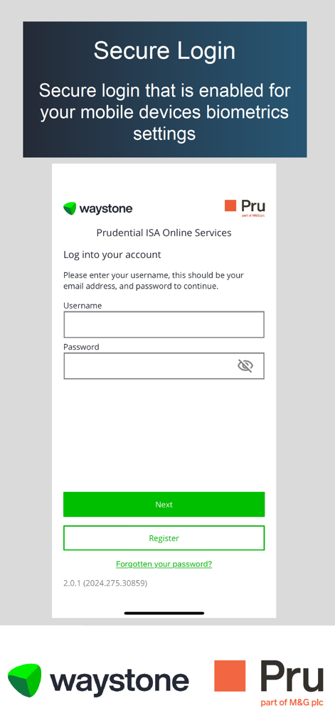 Secure login screen for the Prudential ISA Mobile app with username and password fields