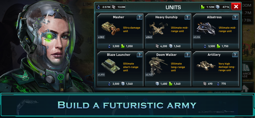 War of Nations: PvP Conflict - Menu do jogo War of Nations mostrando unidades militares futuristas, incluindo helicópteros de ataque, tanques e artilharia