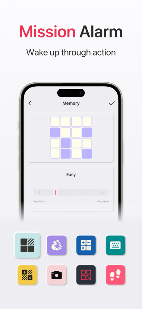 Today Clock 알람 앱의 기억력 게임 미션을 표시하는 스마트폰 화면