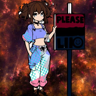 anime girl with crop top baggy jeans next to a sign saying please like smiling