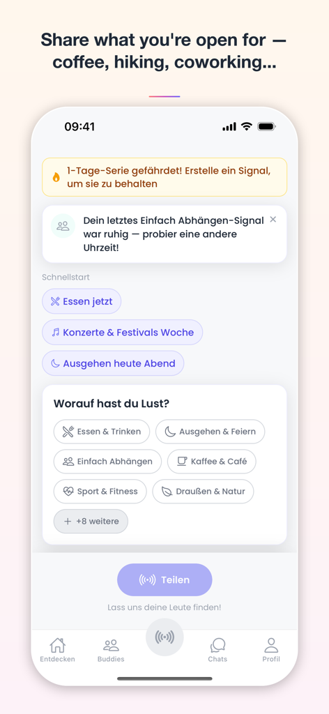 BuddyMe — Meet New People - Captura de tela do aplicativo BuddyMe mostrando a interface para compartilhar atividades como café, caminhada ou fitness para conhecer novas pessoas por perto.