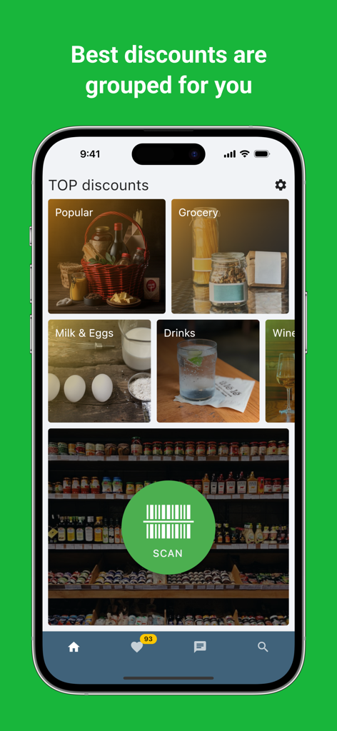 Preço Fresco: Compare prices - Interface da aplicação Preco Fresco mostrando os principais descontos organizados por categoria e um botão proeminente para digitalizar códigos de barras.