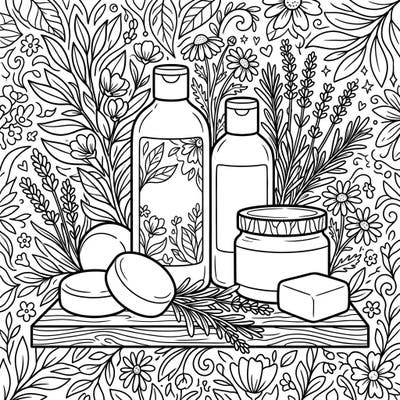 Discover the soothing beauty of natural haircare with this intricate coloring page. Featuring organic products among lush botanicals and delicate patterns, it offers a relaxing creative escape.