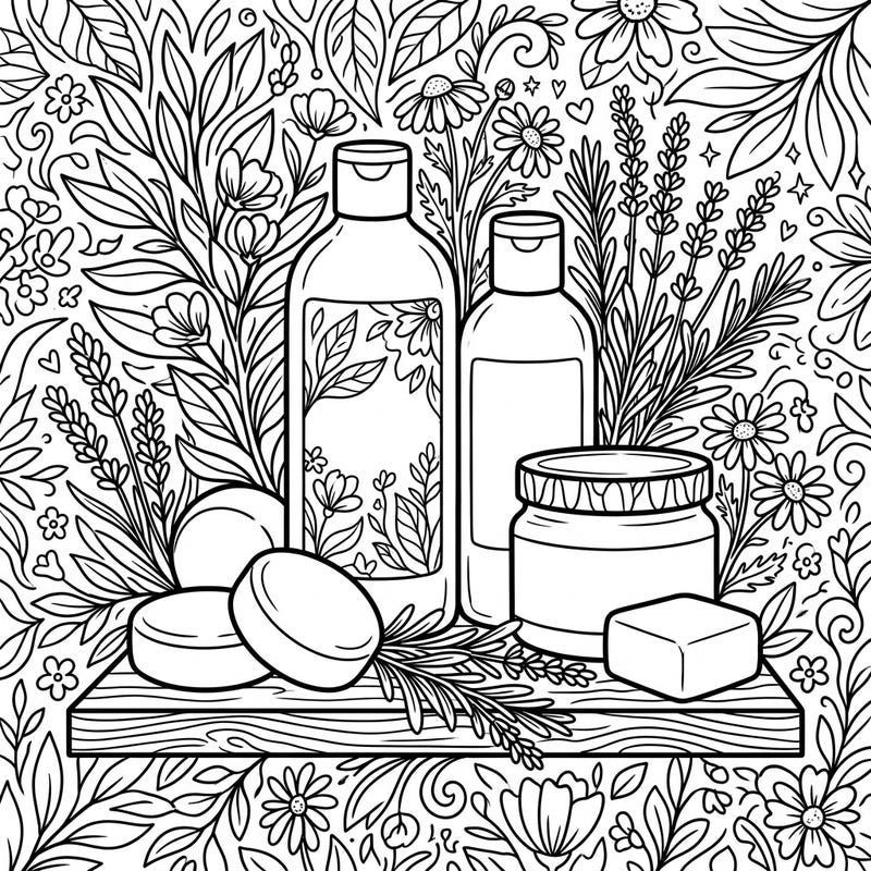 Discover the soothing beauty of natural haircare with this intricate coloring page. Featuring organic products among lush botanicals and delicate patterns, it offers a relaxing creative escape.