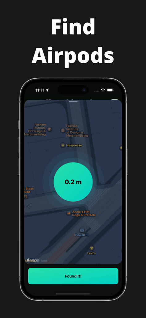 Find: My Phone + Devices Air - Smartphone screen showing a map interface with a teal distance radar indicating 0.2 meters to find lost AirPods.