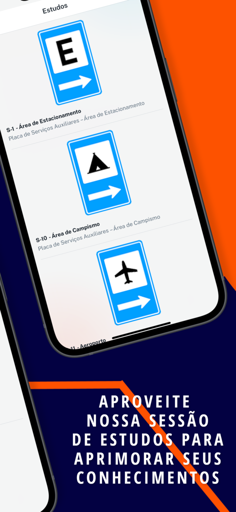 Minha CNH Online - Screenshot of the study section in Minha CNH Online app showing Brazilian traffic signs for parking camping and airport