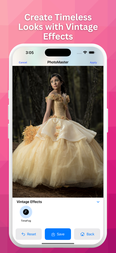 Pantalla de smartphone mostrando la aplicación PhotoMaster con efectos de foto vintage en un retrato