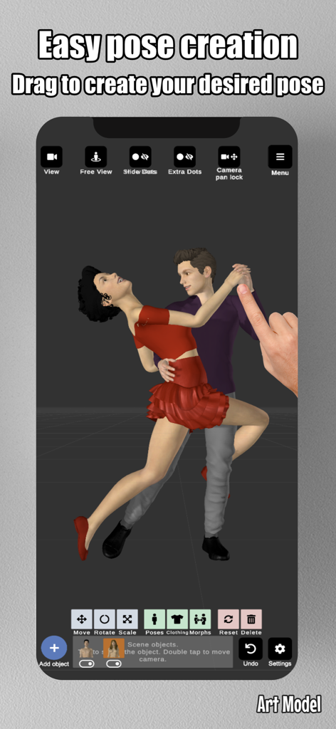 Art Model - Pose & morph tool - A screenshot of the Art Model app interface showing a hand dragging a 3D model to create a custom dancing pose