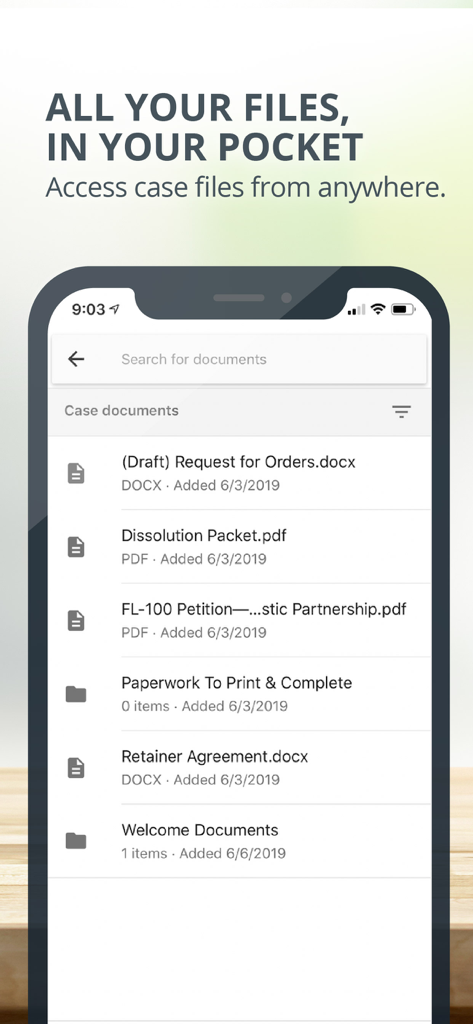 MyCase - Screenshot der MyCase App-Oberfläche, der eine Liste von Falldokumenten und Ordnern auf einem Mobiltelefon anzeigt.