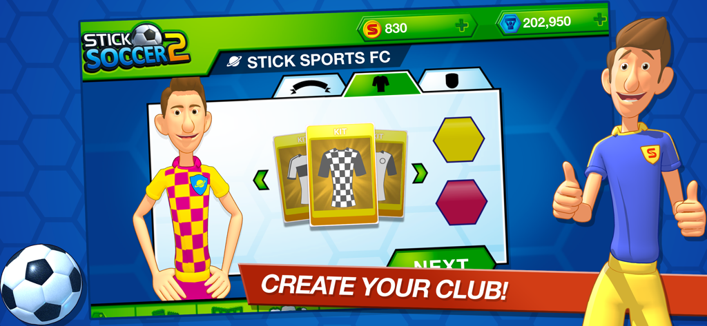 Stick Soccer 2 - Customizing a football club kit in the Stick Soccer 2 mobile game interface.
