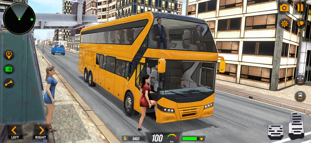 Real Modern City Bus Driving - Yellow double decker bus picking up passengers in a 3D city simulator