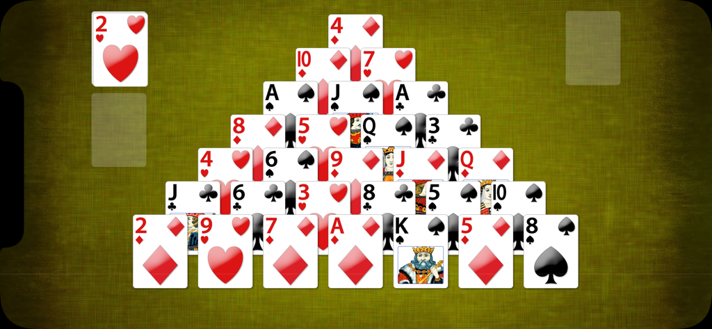 BVS Solitaire Collection - A screenshot of Pyramid solitaire gameplay from BVS Solitaire Collection featuring cards arranged in a triangle on a green background.