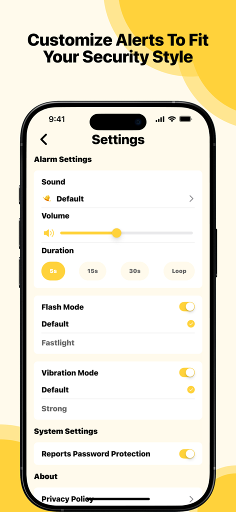 AntiLost app settings page with options for alarm sound volume duration flash and vibration modes