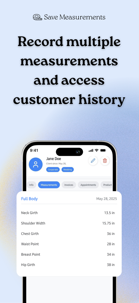 Seam: Tailor App - A mobile app interface showing a client profile with detailed body measurements for tailoring services