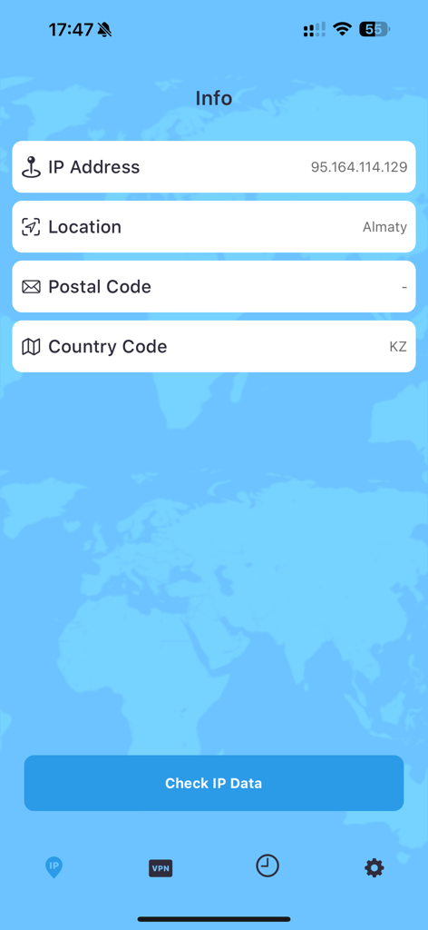 Interface of VPN Kazakhstan app displaying connection details including IP address and Almaty location