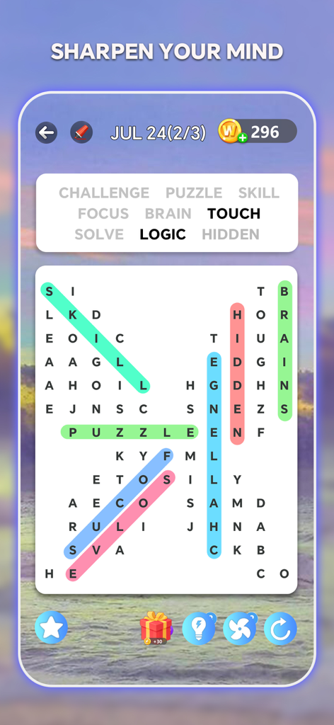 Interface de jeu Otium Mot Caché montrant une grille de puzzle avec des mots en surbrillance colorée sur un paysage de coucher de soleil apaisant.