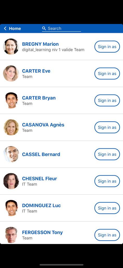 Cegid Talentsoft LMS App - A list of employee profiles with names and team departments within the Cegid Talentsoft LMS app.